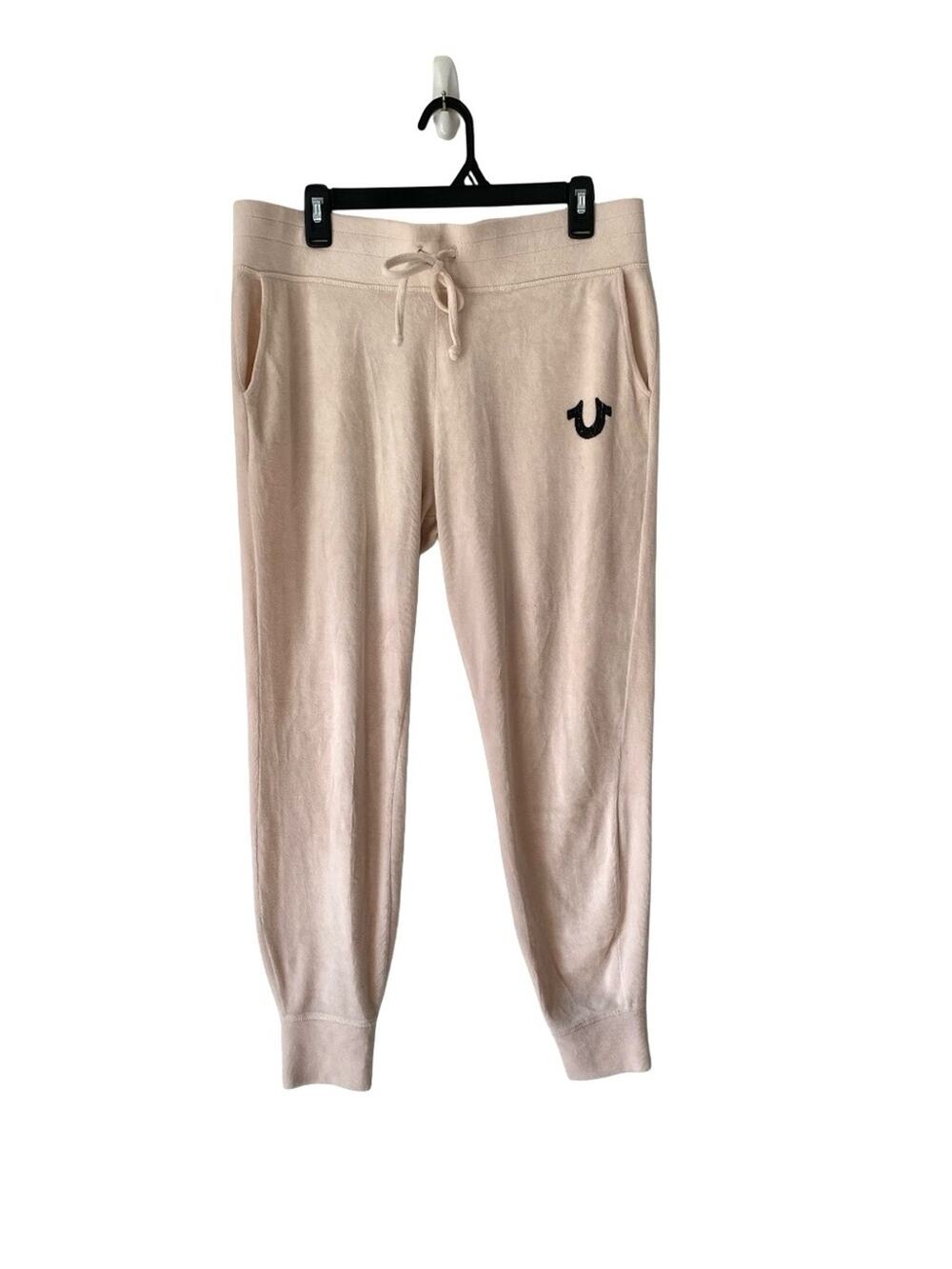 True Religion Velour Cream Ivory Jogger Logo Sweatpants size medium Drawstring